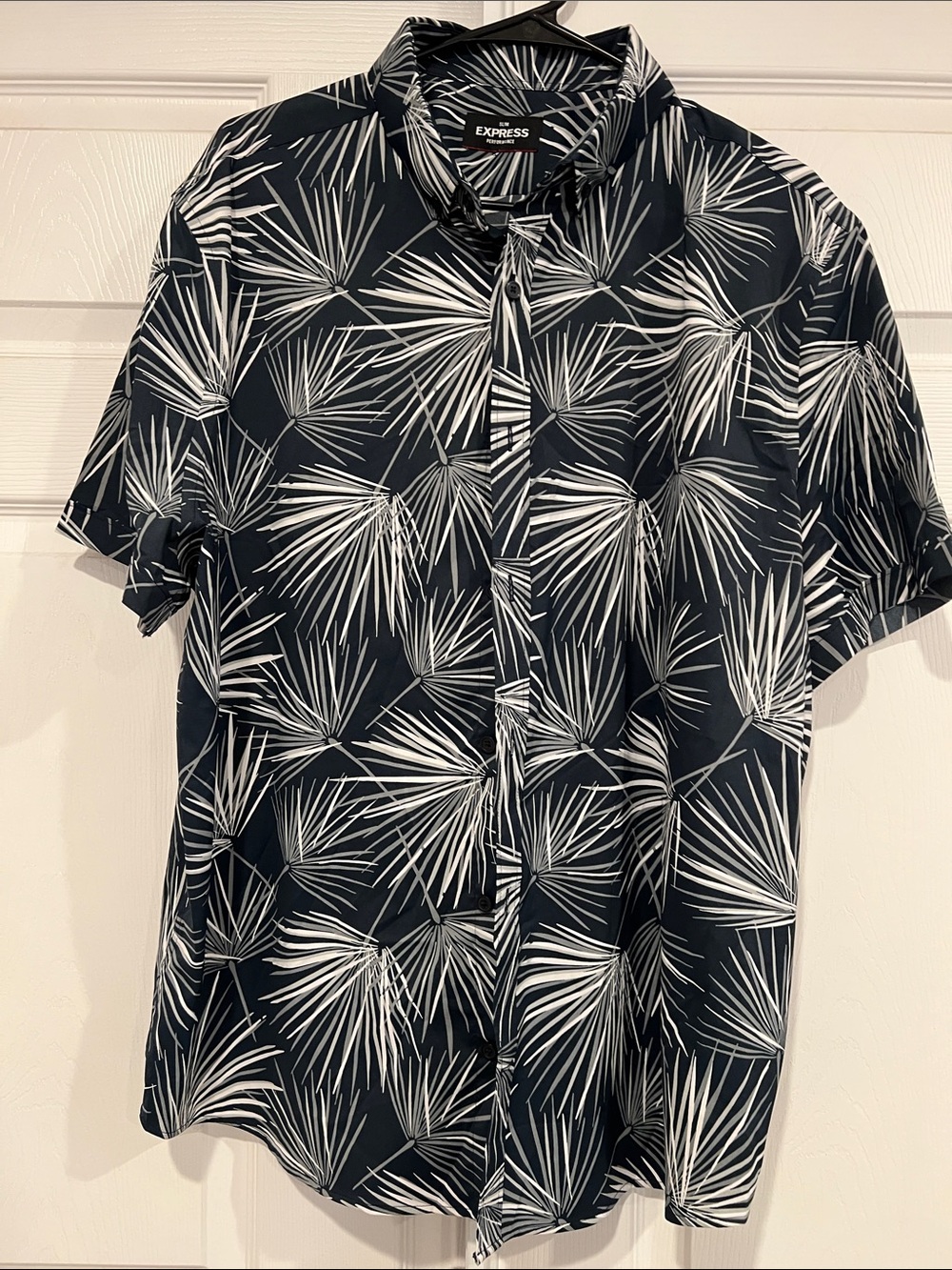 Express Black Short Sleeve Button-Down with White Palm Leaf Print